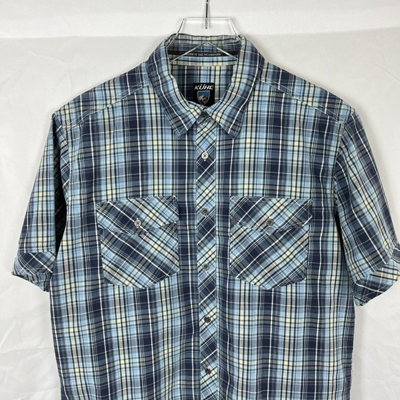 Kuhl Mens Shirt Short Sleeve Button Front Blue Plaid Men's Medium - Picture 2 of 10
